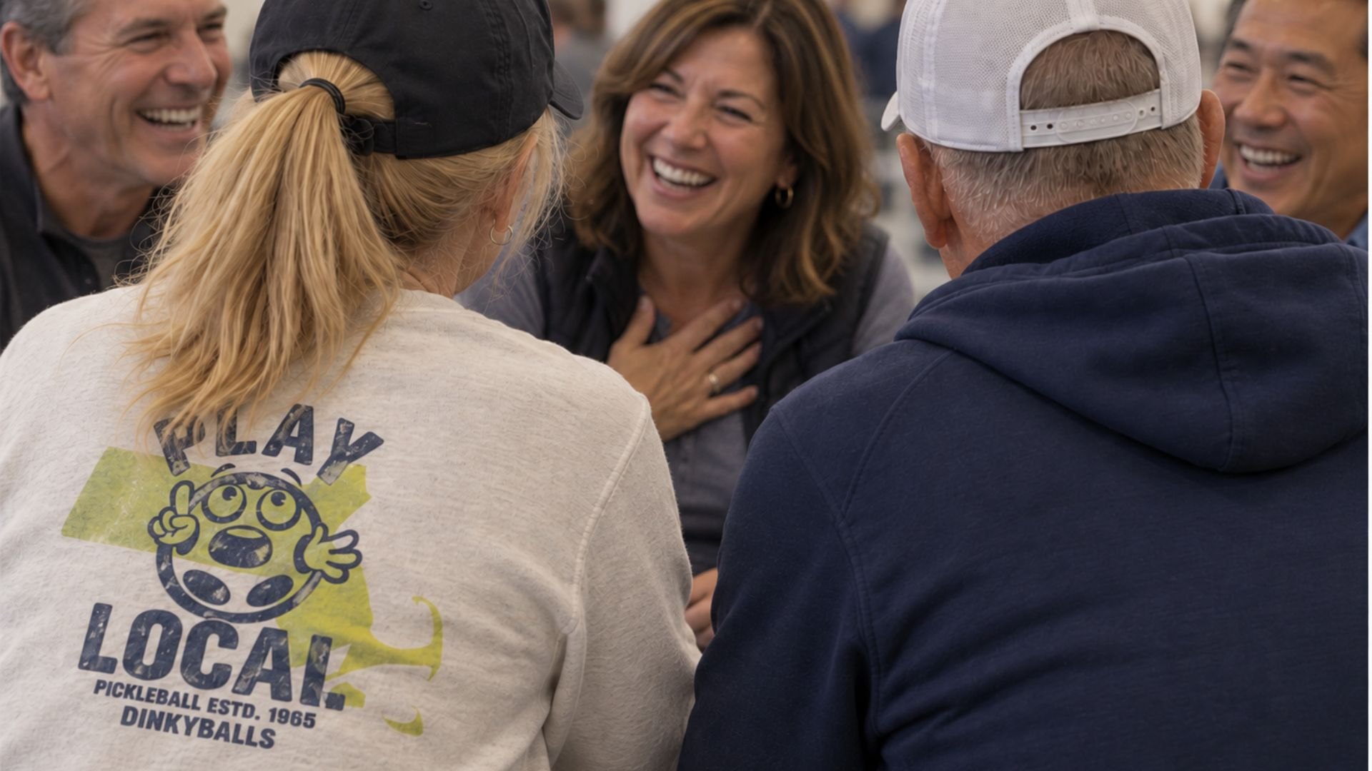Players laughing together at a pickleball club; one wears a Play Local DinkyBalls shirt
